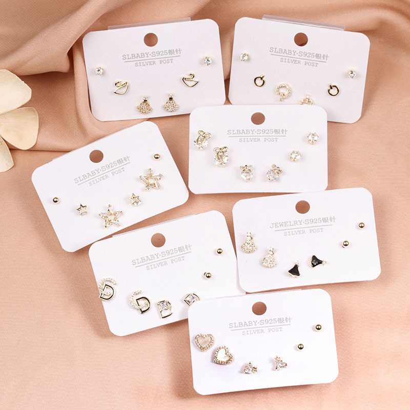 New 925 Silver Needle Swan Micro-Inlaid All-Match Female Stud Earrings Korean Style Elegant Personality Three Pairs Combination Trendy Earrings