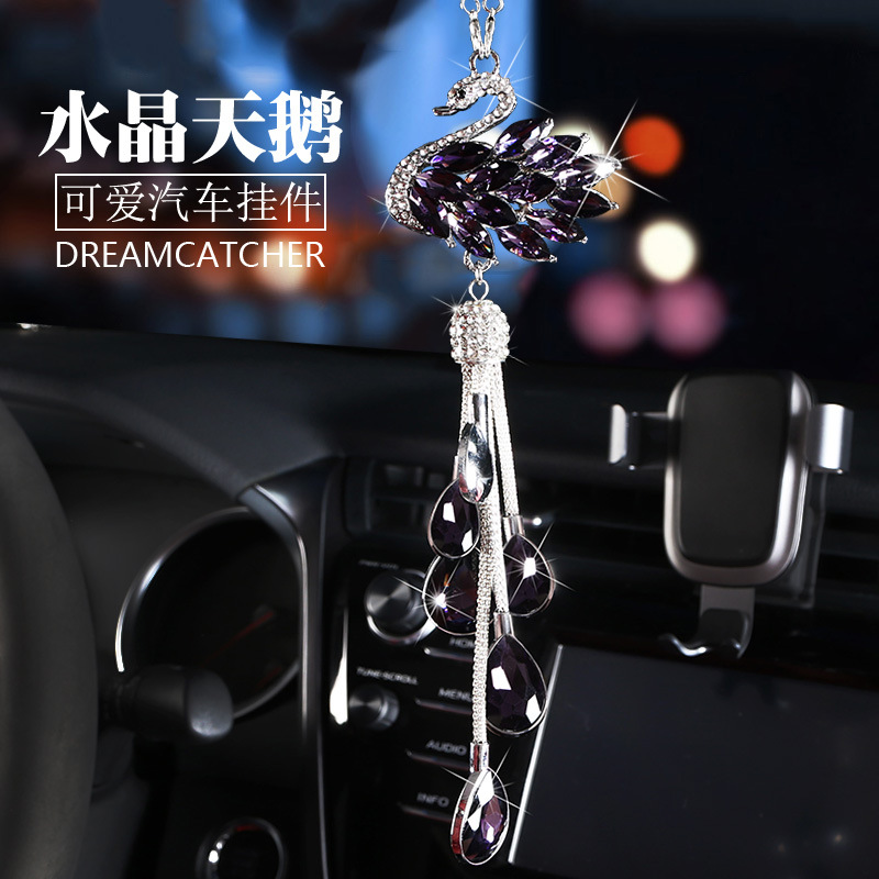 Car Accessories Crystal Cute Cartoon Swan for Car Interior Rearview Mirror Purple Pendant Car Accessories Tassel Female