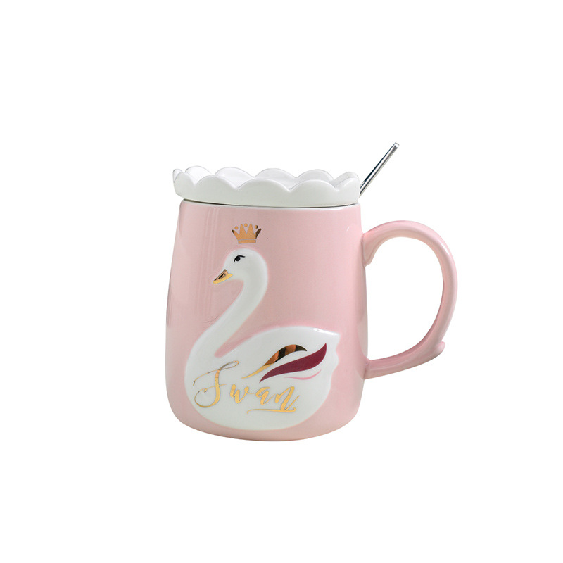 Creative Individual Porcelain Color Glaze Water Cup Crown Swan Relief Mug with Cover Spoon Gift Cup Girl Gift
