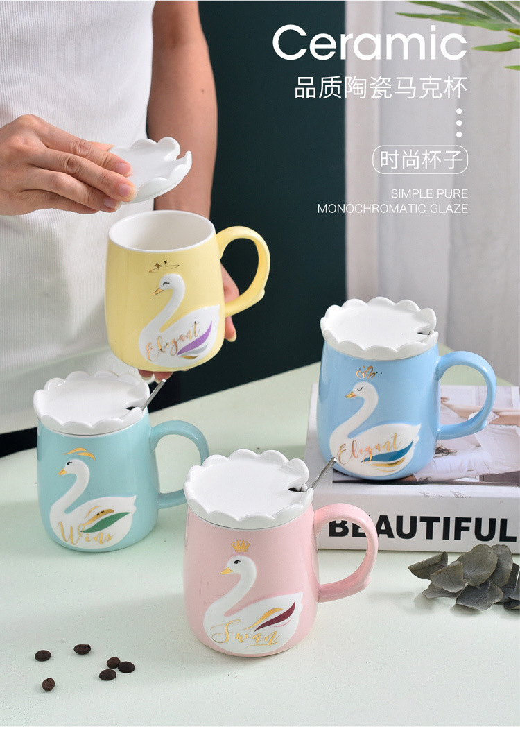 Creative Individual Porcelain Color Glaze Water Cup Crown Swan Relief Mug with Cover Spoon Gift Cup Girl Gift