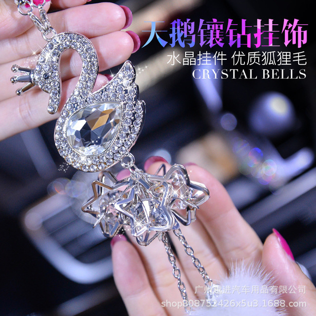 Crystal Swan HighGrade Mink Cute Women&#039;s Car Rearview Mirror Car Interior Hanging Accessories Car Pendant Ornaments