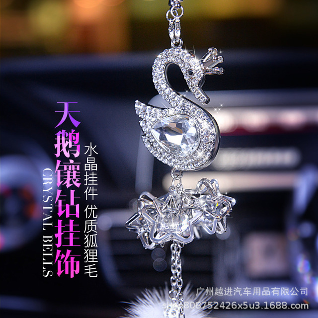 Crystal Swan HighGrade Mink Cute Women&#039;s Car Rearview Mirror Car Interior Hanging Accessories Car Pendant Ornaments