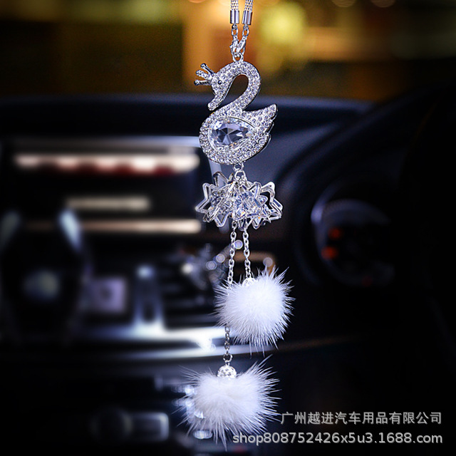 Crystal Swan HighGrade Mink Cute Women&#039;s Car Rearview Mirror Car Interior Hanging Accessories Car Pendant Ornaments