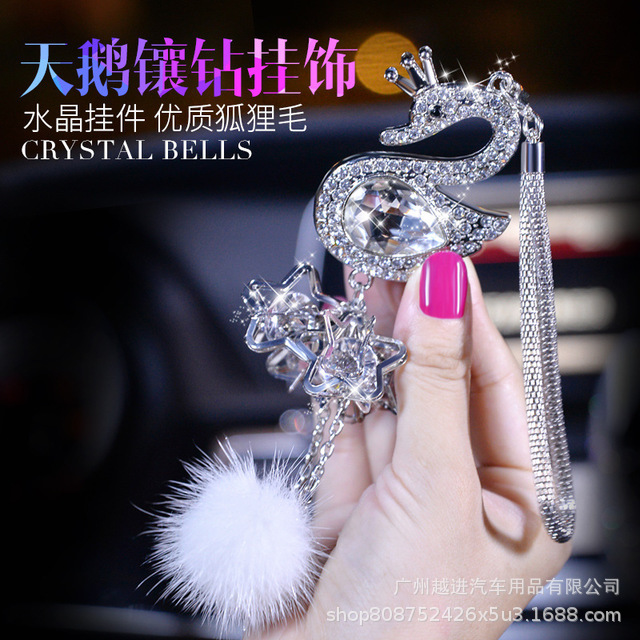 Crystal Swan HighGrade Mink Cute Women&#039;s Car Rearview Mirror Car Interior Hanging Accessories Car Pendant Ornaments