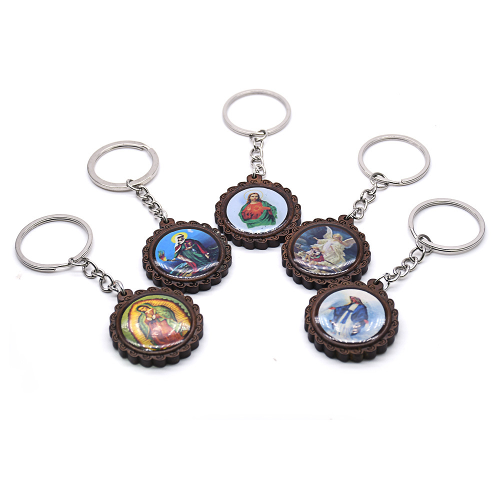 (Random Images) Wooden Icon Stickers Religious Keychain Pendants Tourist Souvenirs Gifts