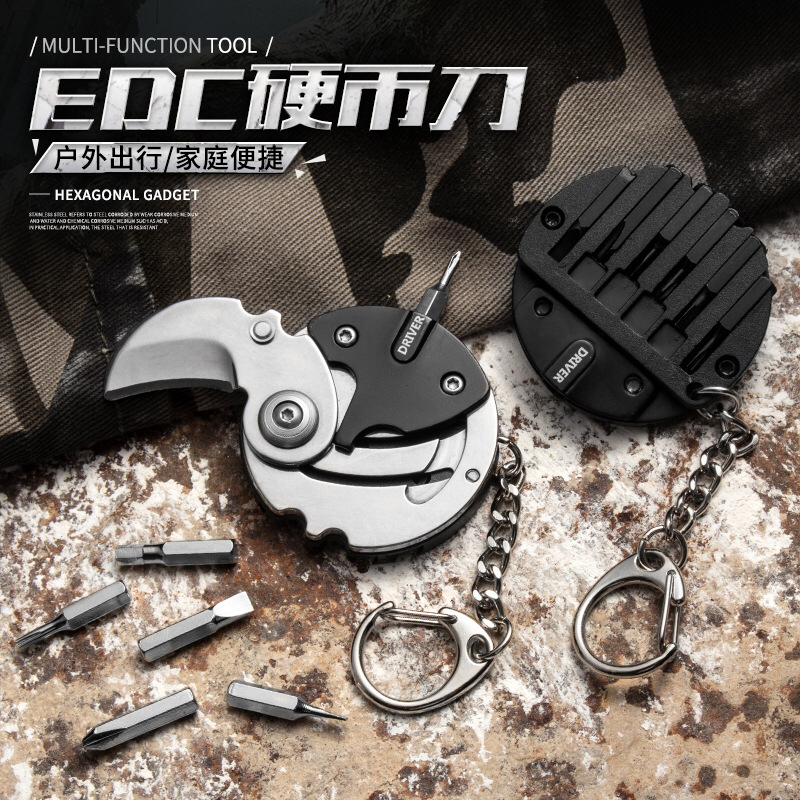 Mini Coin Knife Outdoor Knife Self-Defense Portable Knife Folding Knife Keychain Pendant Multifunction Screw Tools