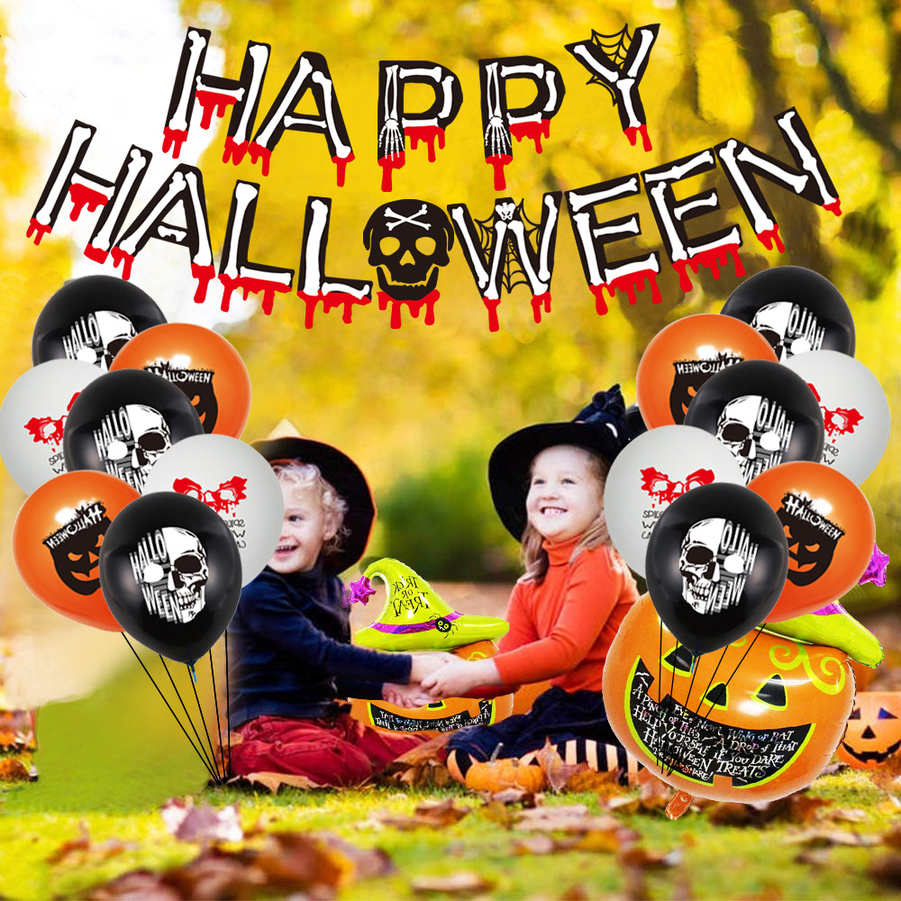 New Halloween skull theme flag, black and white orange balloon set custom