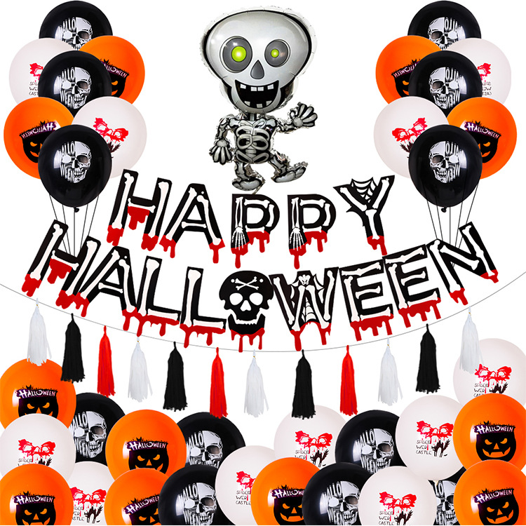 New Halloween skull theme flag, black and white orange balloon set custom