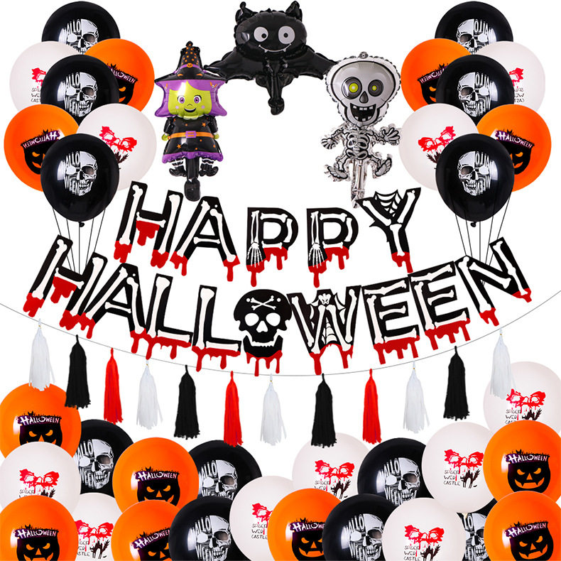 New Halloween skull theme flag, black and white orange balloon set custom