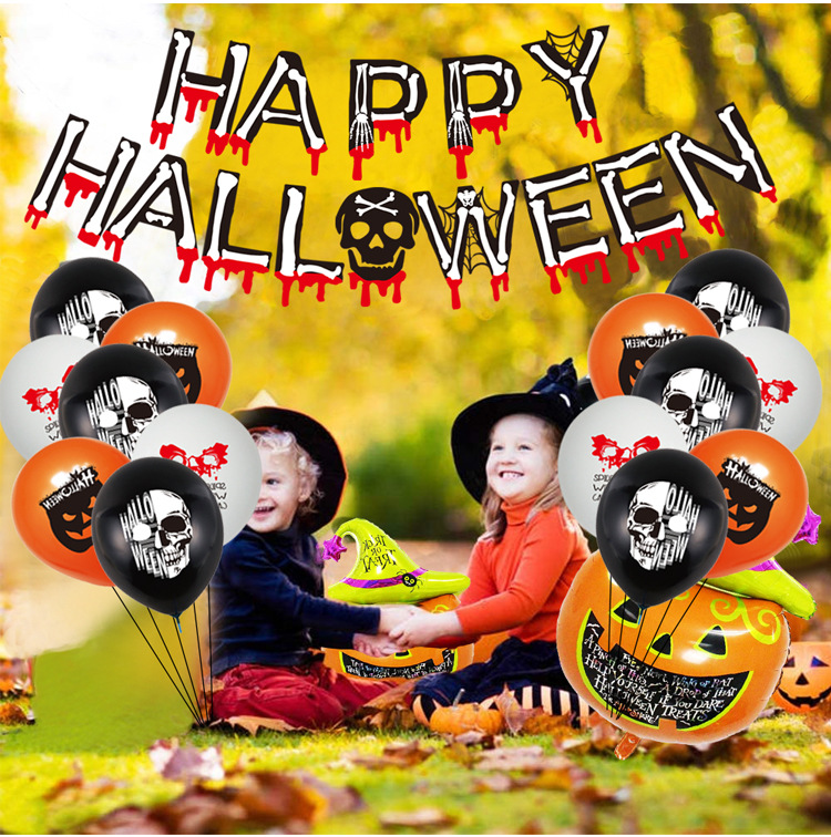 New Halloween skull theme flag, black and white orange balloon set custom