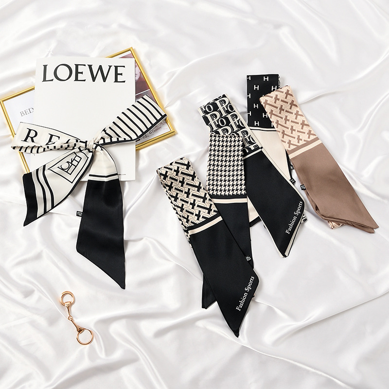 French Retro Long Scarf Women&#039;s Black Ribbon Shirt Arm Bag Ribbon Headband Spring and Autumn Summer Double-Sided Scarf