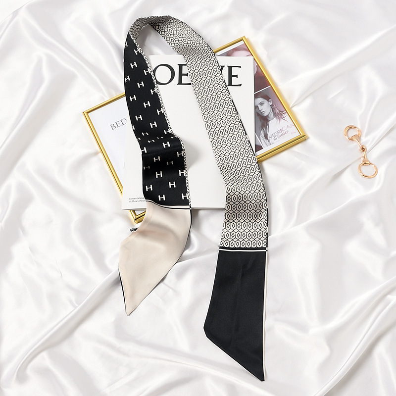 French Retro Long Scarf Women&#039;s Black Ribbon Shirt Arm Bag Ribbon Headband Spring and Autumn Summer Double-Sided Scarf