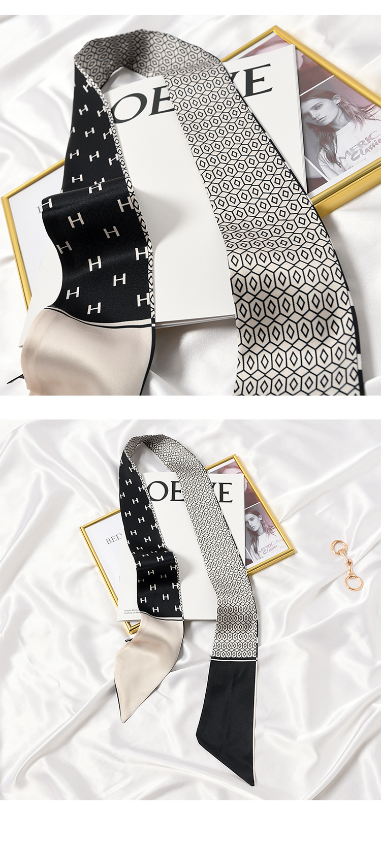 French Retro Long Scarf Women's Black Ribbon Shirt Arm Bag Ribbon Headband Spring and Autumn Summer Double-Sided Scarf French Retro Long Scarf Women's Black Ribbon Shirt Arm Bag Ribbon Headband Spring and Autumn Summer Double-Sided Scarf