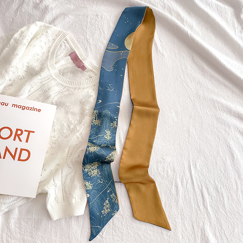 Hand-Painted Chinese Style Thin Narrow Strip Autumn and Winter New Thin Narrow Strip Arm Bag Small Silk Scarf Hair Band Ribbon Female Scarf