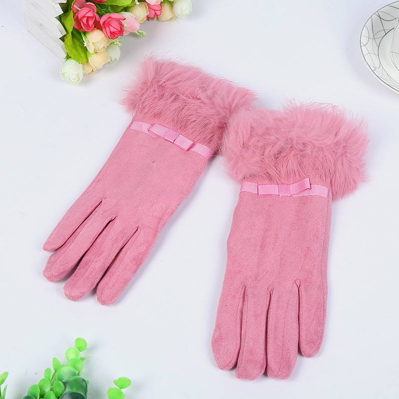 New Cashmere Fashion Women&#039;s Chicken Feather Rabbit Fur Mouth Warm Touch Screen Gloves Riding Cotton Gloves Factory Wholesale