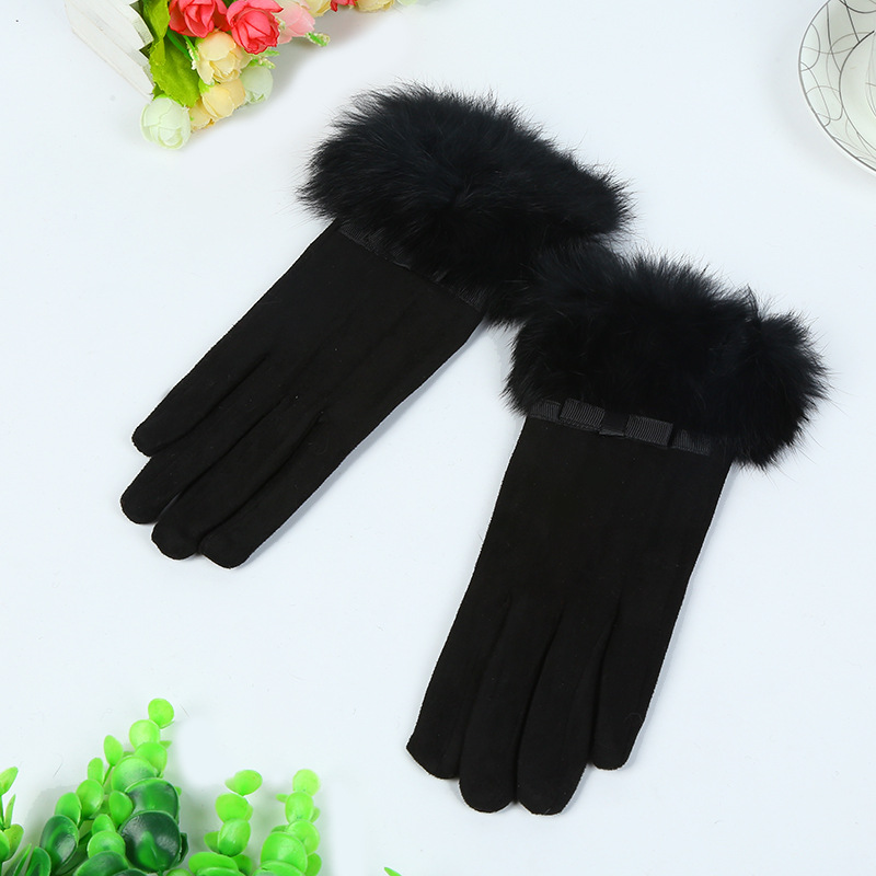 New Cashmere Fashion Women's Chicken Feather Rabbit Fur Mouth Warm Touch Screen Gloves Riding Cotton Gloves Factory Wholesale