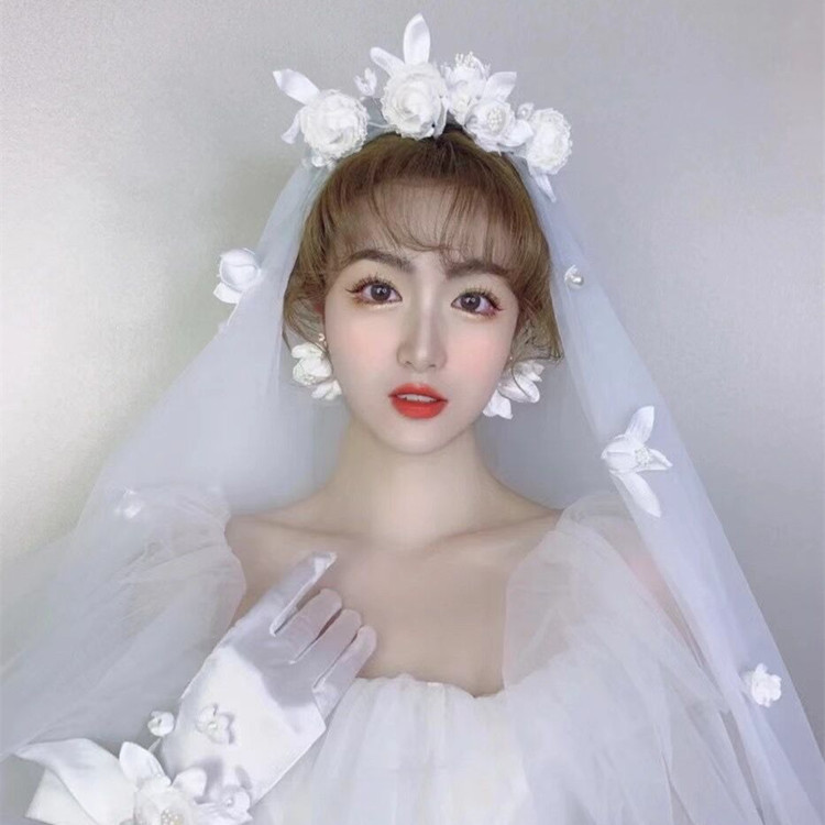 Super Fairy Mori Style Retro Hong Kong Style Flower Veil Bow Gloves Earrings Bridal Wedding Dress Accessories