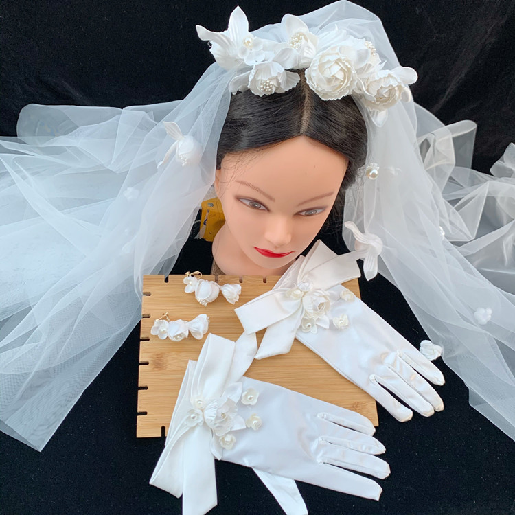 Super Fairy Mori Style Retro Hong Kong Style Flower Veil Bow Gloves Earrings Bridal Wedding Dress Accessories