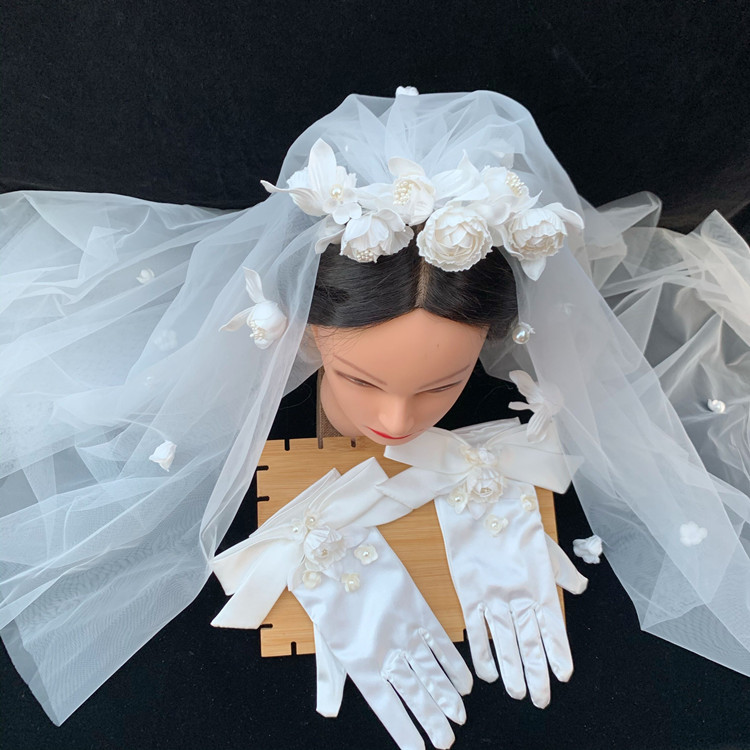 Super Fairy Mori Style Retro Hong Kong Style Flower Veil Bow Gloves Earrings Bridal Wedding Dress Accessories