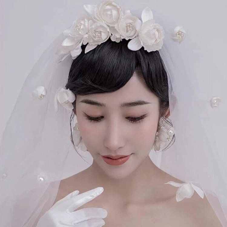 Super Fairy Mori Style Retro Hong Kong Style Flower Veil Bow Gloves Earrings Bridal Wedding Dress Accessories