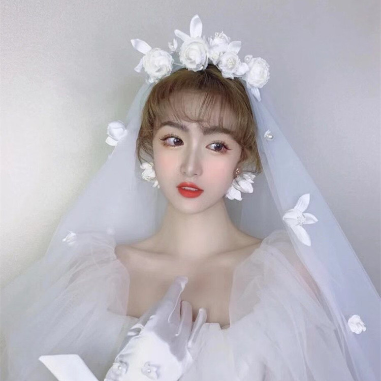 Super Fairy Mori Style Retro Hong Kong Style Flower Veil Bow Gloves Earrings Bridal Wedding Dress Accessories