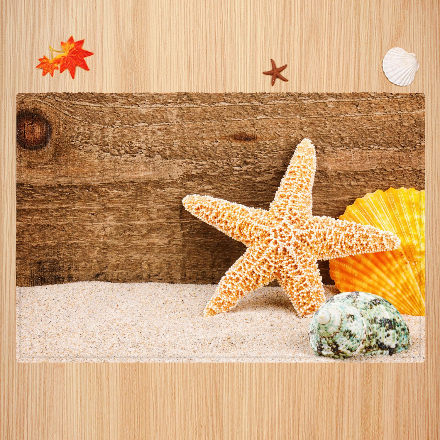 Beach Starfish Scallop Wood Board Non-Slip Digital Printing Foot Mat Custom Flannel Floor Mat Bathroom Bedroom Doormat