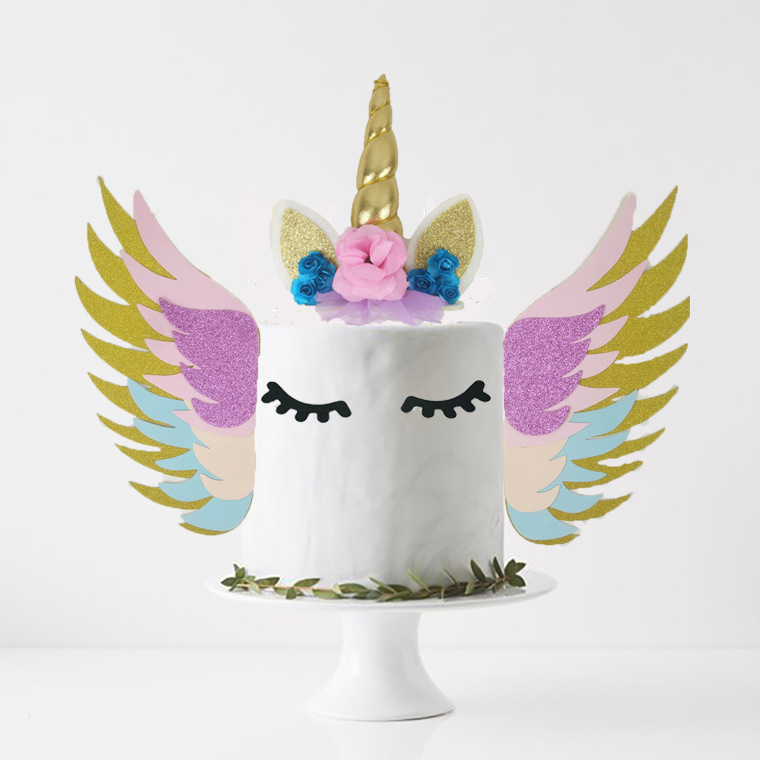 Golden 5-Layer Wings Cake Inserting Card Unicorn Theme Party Decoration 