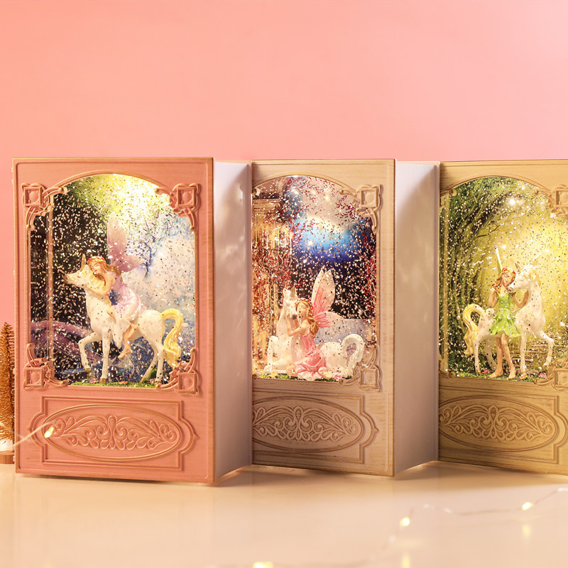 Dream Book Unicorn Princess Music Box Crystal Ball Music Box Floating Snowflake Creative Birthday Gift Handicraft