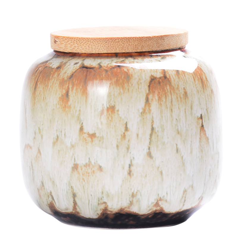 Ceramic Sealed Can Celadon Storage Tank Coloured Glaze Kiln Baked Tea Pot Ceramic Whiteware Bamboo Cover High Seal
