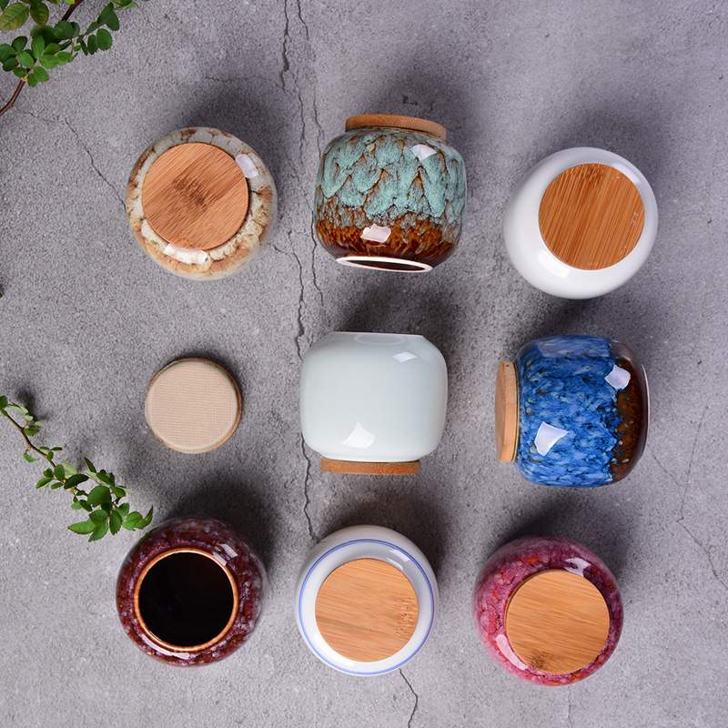 Ceramic Sealed Can Celadon Storage Tank Coloured Glaze Kiln Baked Tea Pot Ceramic Whiteware Bamboo Cover High Seal
