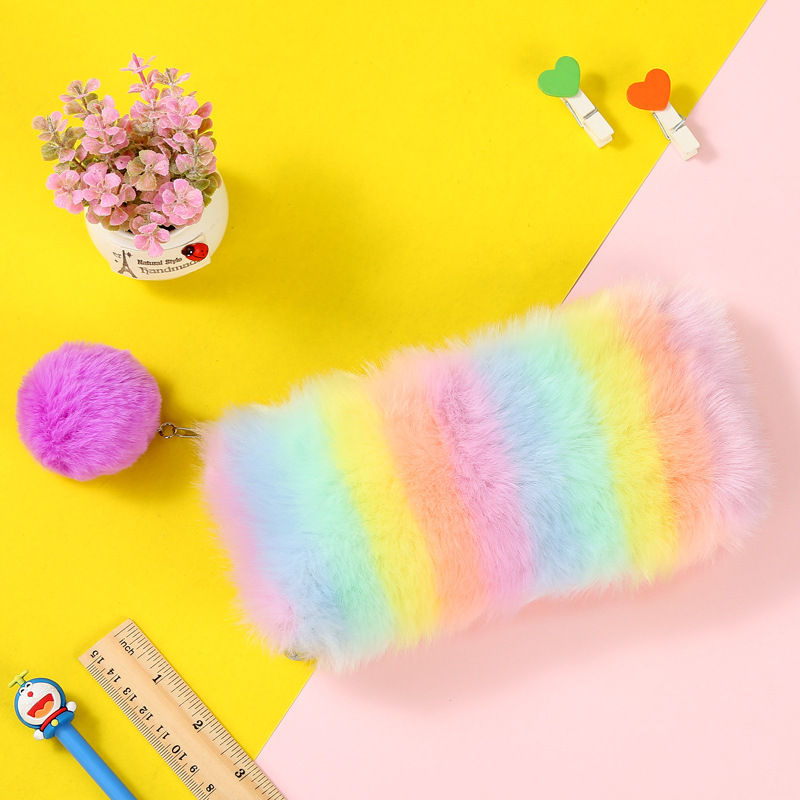 Rainbow coloured pencil bag for students large capacity stationery storage bag for ladies soft sequined pencil bag