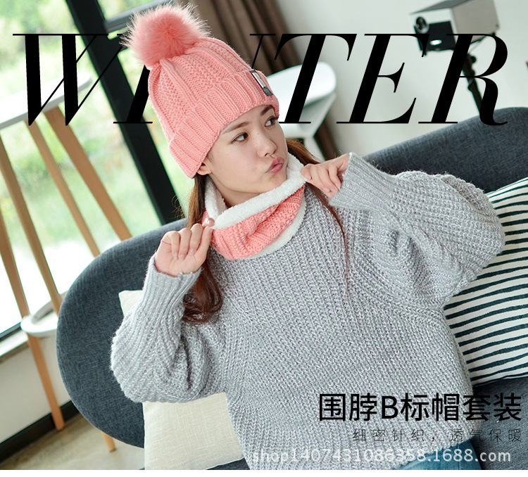 Outdoor Winter Fleece-Lined Thickened Woolen Cap Warm Ear Protection Fluffy Ball Cap Scarf Knitted Hat Suit Factory Wholesale