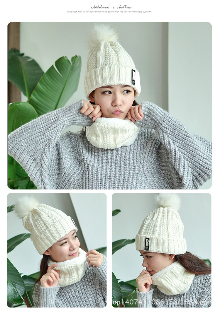 Outdoor Winter Fleece-Lined Thickened Woolen Cap Warm Ear Protection Fluffy Ball Cap Scarf Knitted Hat Suit Factory Wholesale