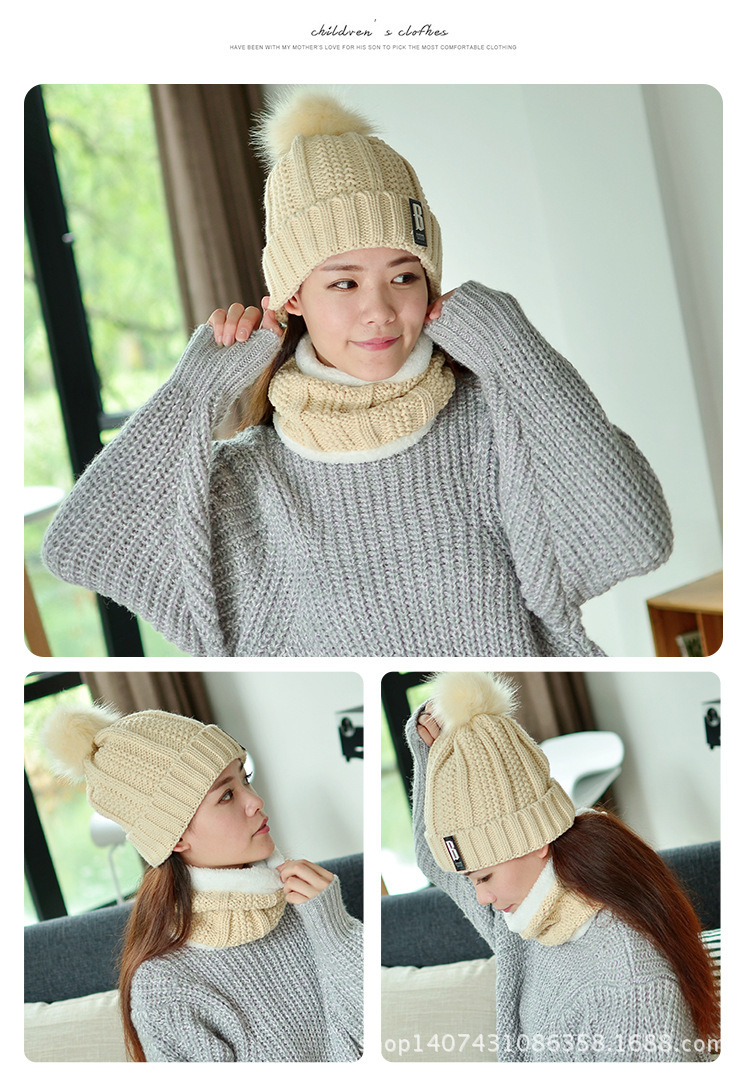 Outdoor Winter Fleece-Lined Thickened Woolen Cap Warm Ear Protection Fluffy Ball Cap Scarf Knitted Hat Suit Factory Wholesale
