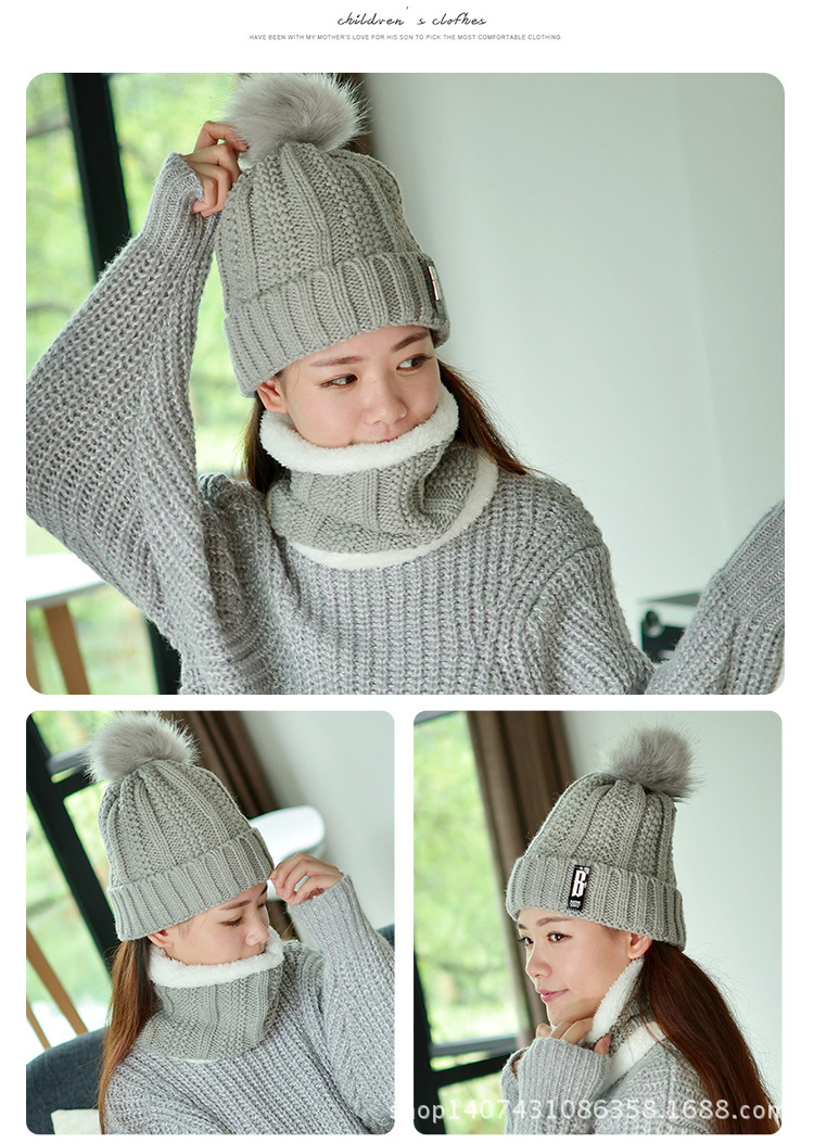 Outdoor Winter Fleece-Lined Thickened Woolen Cap Warm Ear Protection Fluffy Ball Cap Scarf Knitted Hat Suit Factory Wholesale