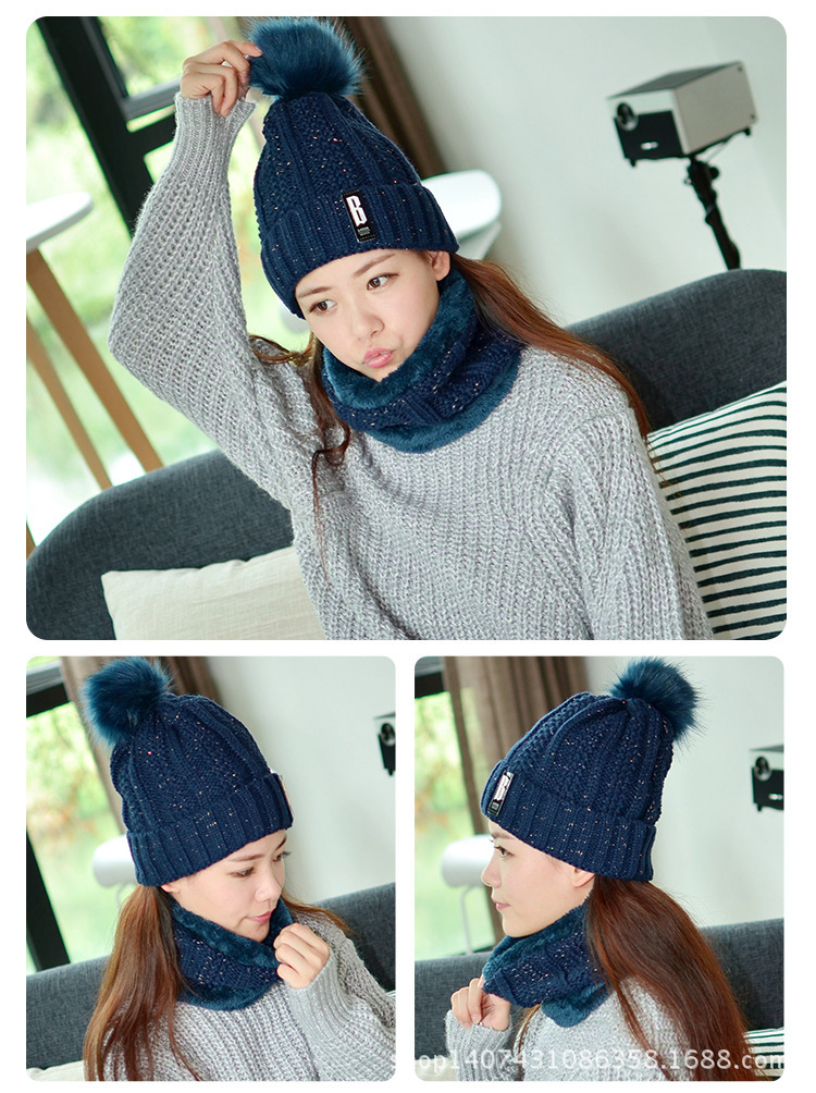 Outdoor Winter Fleece-Lined Thickened Woolen Cap Warm Ear Protection Fluffy Ball Cap Scarf Knitted Hat Suit Factory Wholesale
