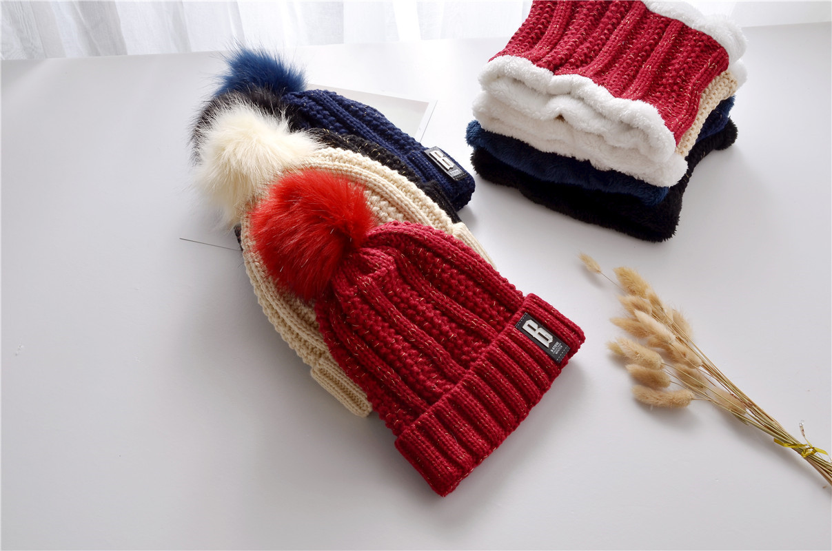 Outdoor Winter Fleece-Lined Thickened Woolen Cap Warm Ear Protection Fluffy Ball Cap Scarf Knitted Hat Suit Factory Wholesale