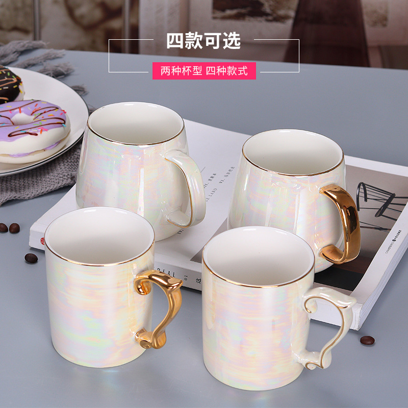 New Pearl Glaze Ceramic Mug Rainbow Coloured Glaze Gold Handle Nordic Style Ins Gift Ceramic Cup Hand Gift