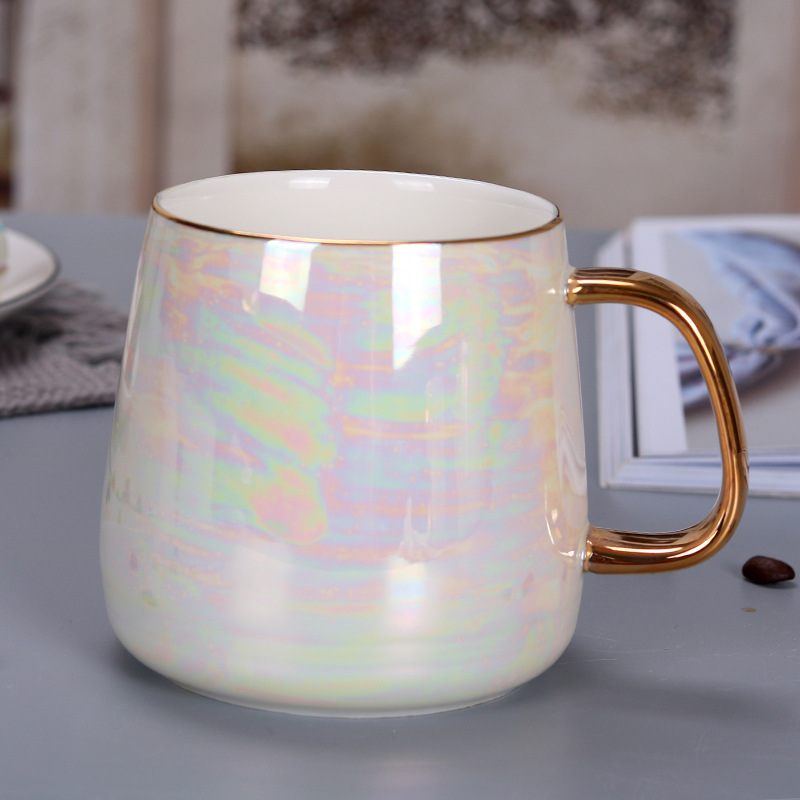 New Pearl Glaze Ceramic Mug Rainbow Coloured Glaze Gold Handle Nordic Style Ins Gift Ceramic Cup Hand Gift
