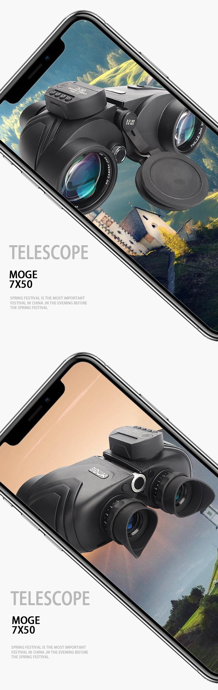 Factory Direct Sales MOGE Nitrogen-Filled Waterproof Anti-Fog 7x50 Binocular Telescope High Magnification with Electronic Compass