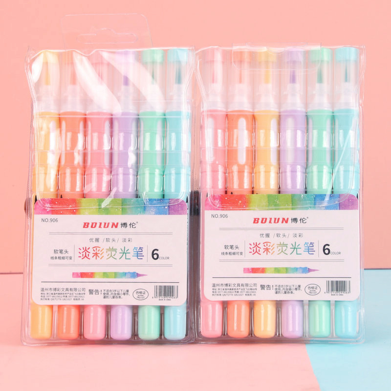6 Colors Watercolor Soft Head Fluorescent Pen Color Pencil Soft Pointed Head Marker Marking Pen Bolun Bolun