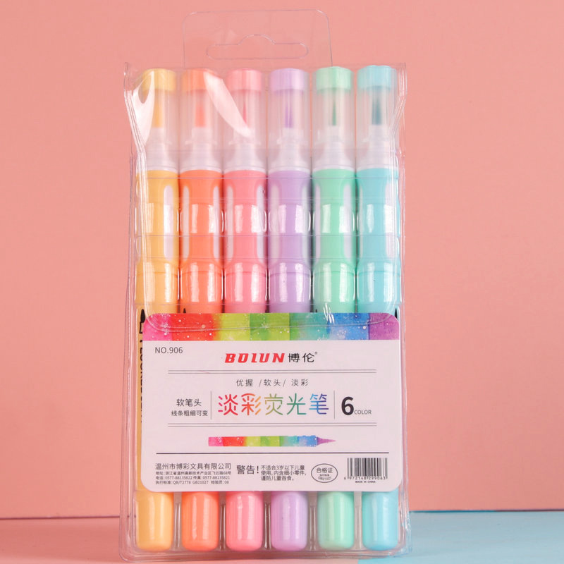 6 Colors Watercolor Soft Head Fluorescent Pen Color Pencil Soft Pointed Head Marker Marking Pen Bolun Bolun