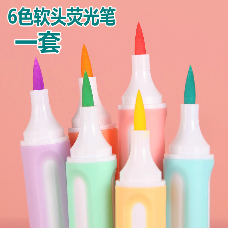 6 Colors Watercolor Soft Head Fluorescent Pen Color Pencil Soft Pointed Head Marker Marking Pen Bolun Bolun