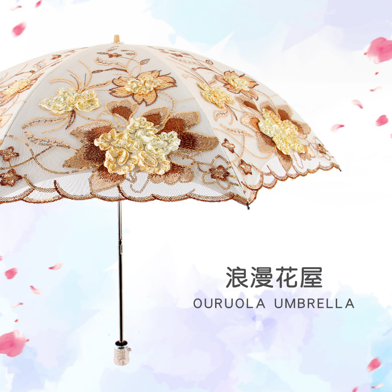 Aurora Factory Wholesale Embroidered Lace 1812 Double-Layer Black Glue UV-Proof Two-Fold Sun Umbrella Sun Umbrella