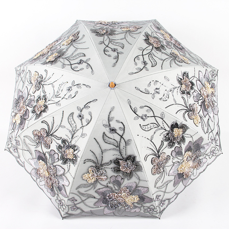 Aurora Factory Wholesale Embroidered Lace 1812 Double-Layer Black Glue UV-Proof Two-Fold Sun Umbrella Sun Umbrella