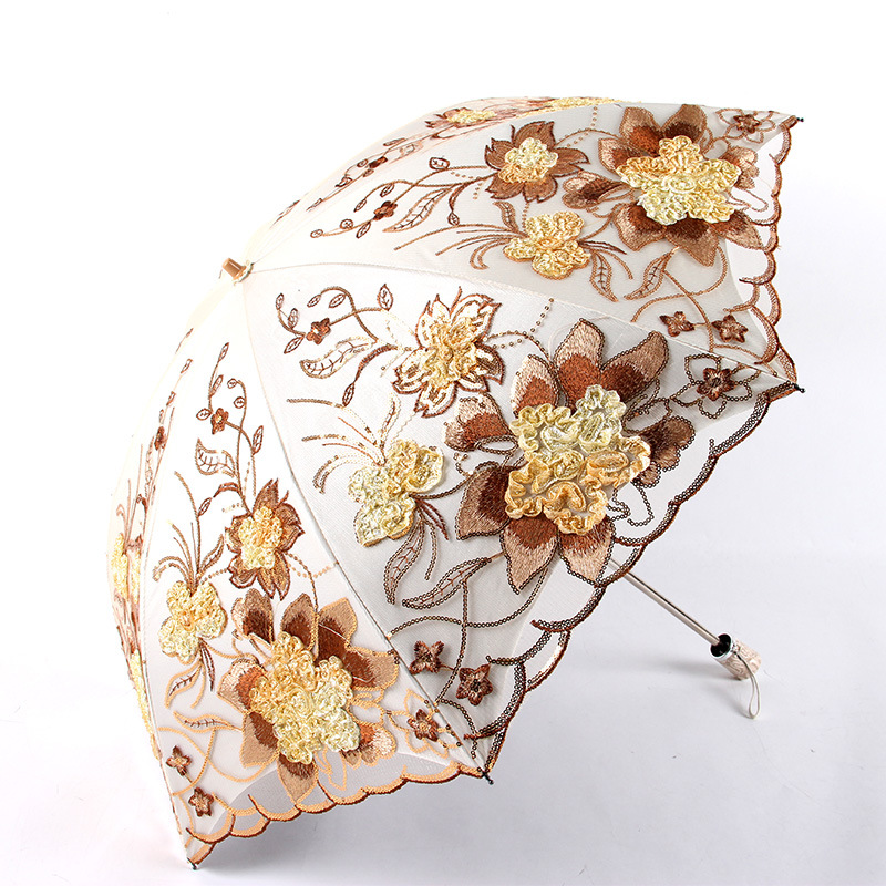 Aurora Factory Wholesale Embroidered Lace 1812 Double-Layer Black Glue UV-Proof Two-Fold Sun Umbrella Sun Umbrella