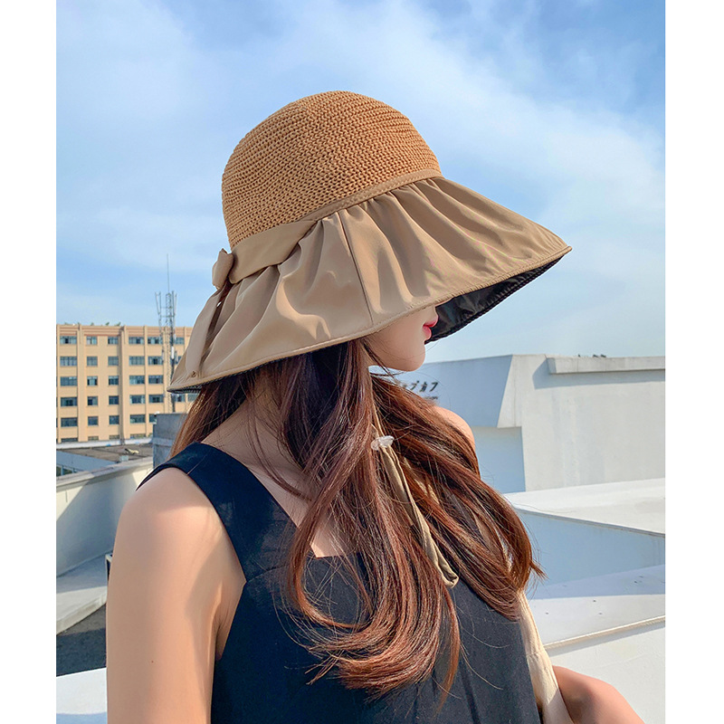 Black Rubber Beach Sun Hat Female Summer Hollow-out Straw Hat UV Wide Brim Face Cover Sun-Proof Bow Fisherman Hat