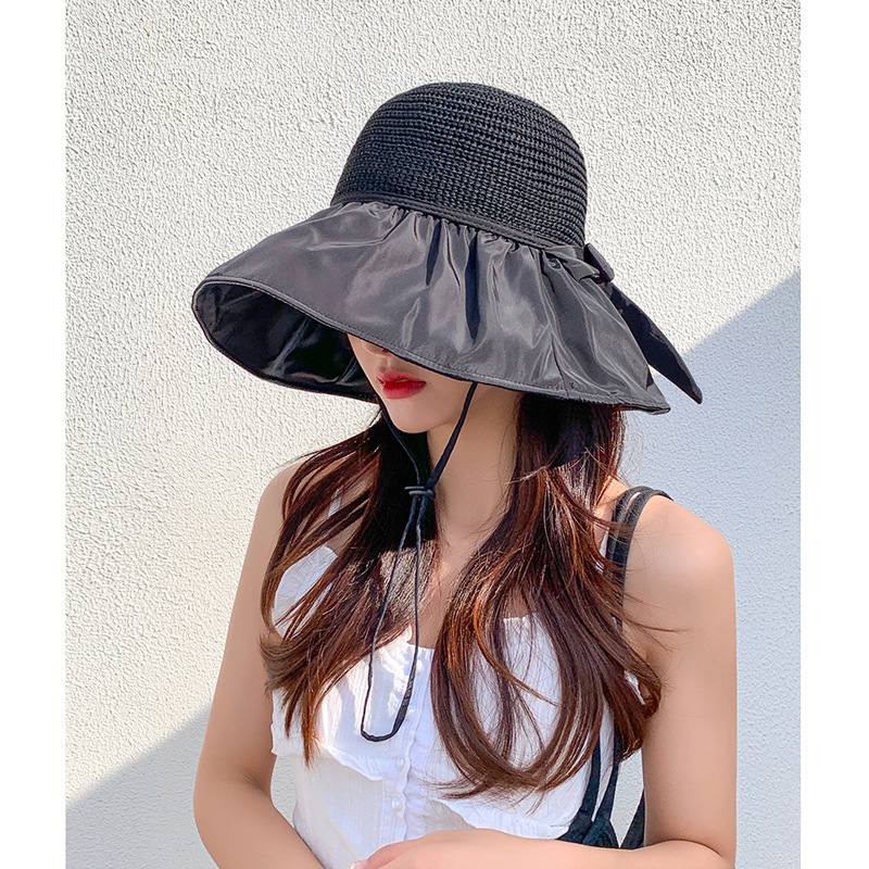 Black Rubber Beach Sun Hat Female Summer Hollow-out Straw Hat UV Wide Brim Face Cover Sun-Proof Bow Fisherman Hat