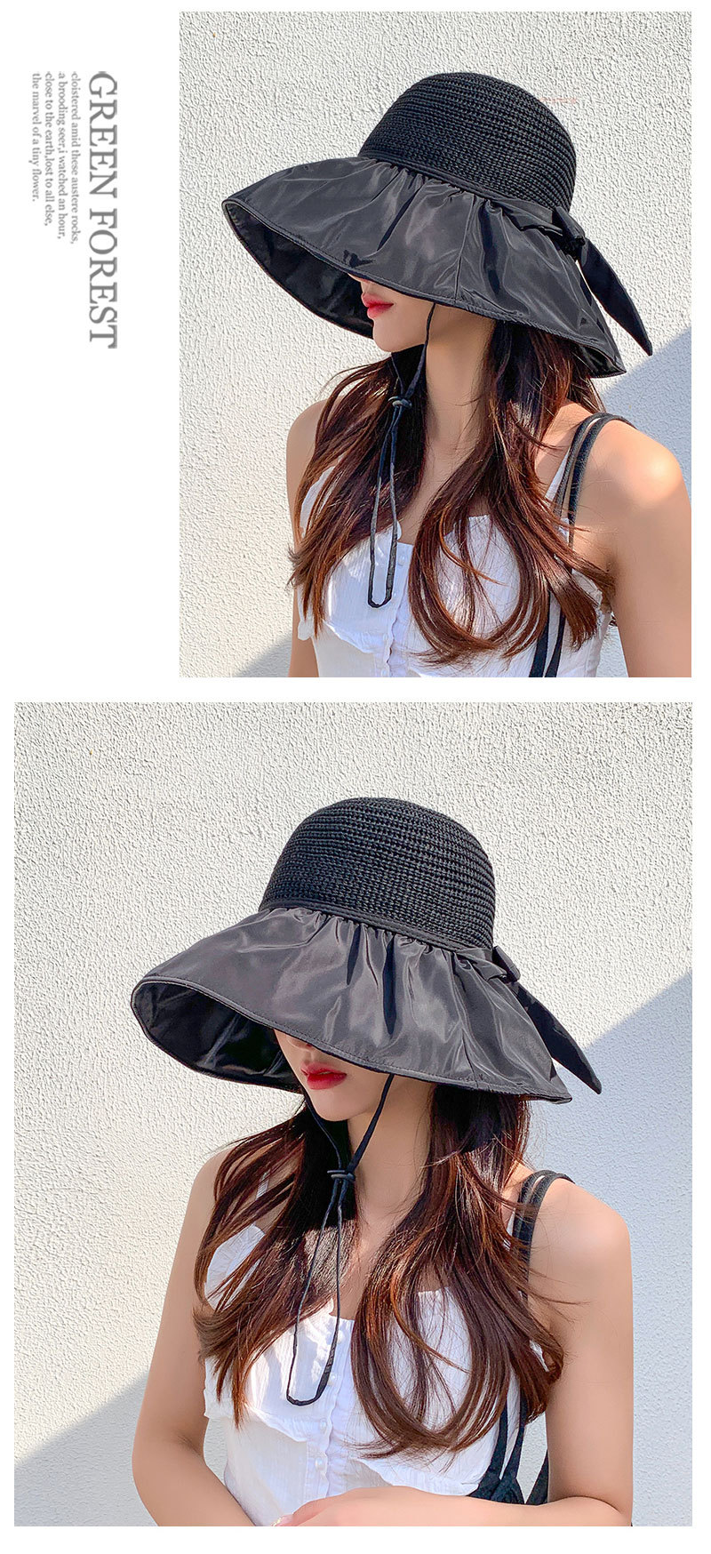 Black Rubber Beach Sun Hat Female Summer Hollow-out Straw Hat UV Wide Brim Face Cover Sun-Proof Bow Fisherman Hat Black Rubber Beach Sun Hat Female Summer Hollow-out Straw Hat UV Wide Brim Face Cover Sun-Proof Bow Fisherman Hat
