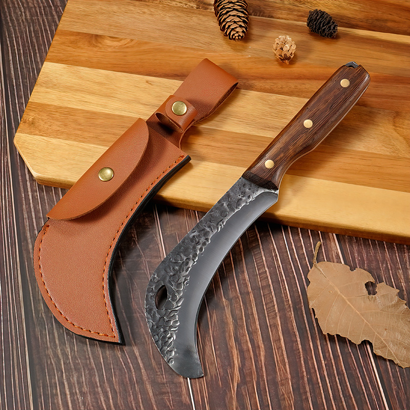 Factory Forged Hammer Pattern Eagle Sickle Durian Knife Banana Outdoor Olecranon Sickle Wooden Handle Utility Knife Camping Picnic Leather Case